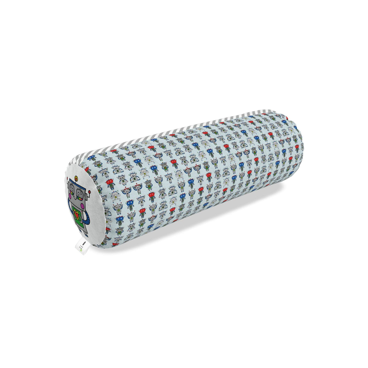 A cylindrical bolster pillow with a white background and a repeating pattern of small colorful cartoon faces in red, blue, green, and yellow. One end features a white fabric patch with a colorful illustration of a cat wearing sunglasses.