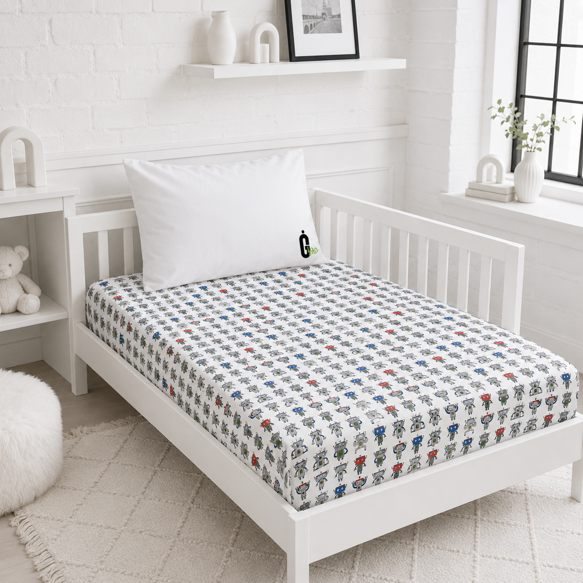 A fitted sheet on a single bed with a white wooden frame, featuring a repeating pattern of cartoon teddy bears in red, blue, and gray on a white background. The bed is styled in a bright, modern children's bedroom with white brick walls, a white shelf, and a window.