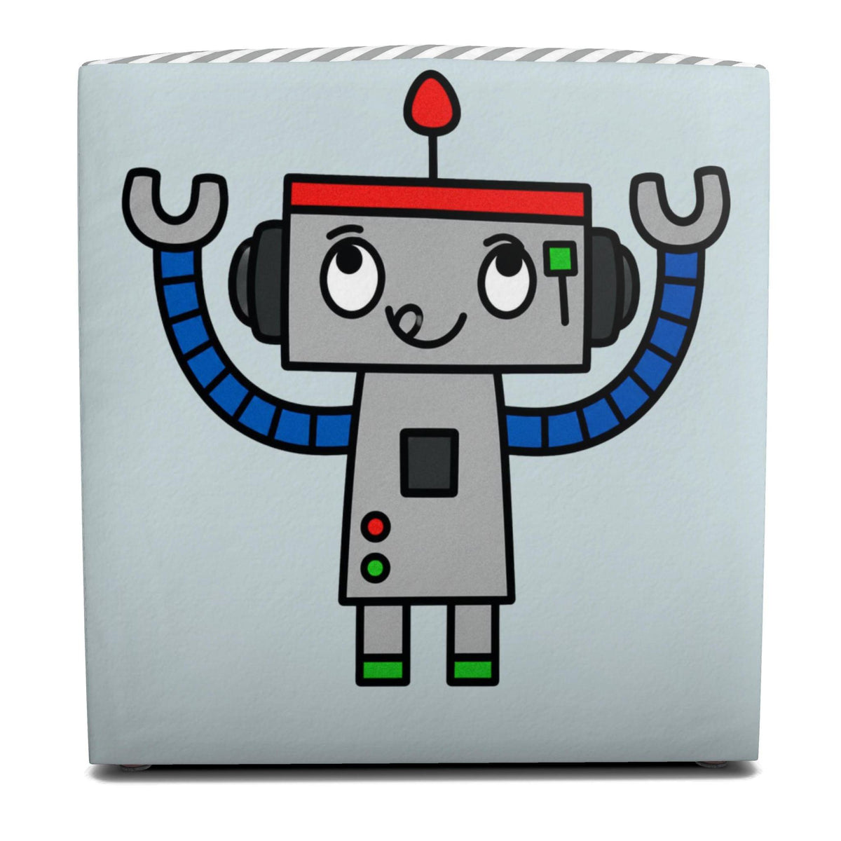 A square light blue pillow or cushion featuring a cartoon robot graphic with a gray body, blue arms, green feet, and a red antenna, shown on a white background.