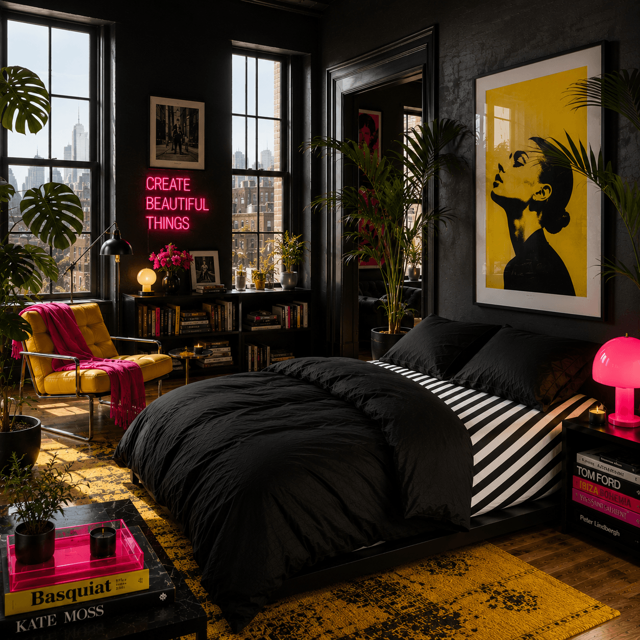 A stylish bedroom with black walls, a bed dressed in modern bedding and Black and white Fitted Sheets, vibrant art, a neon “Create Beautiful Things” sign, plants, and yellow accents. Large windows showcase a city skyline.