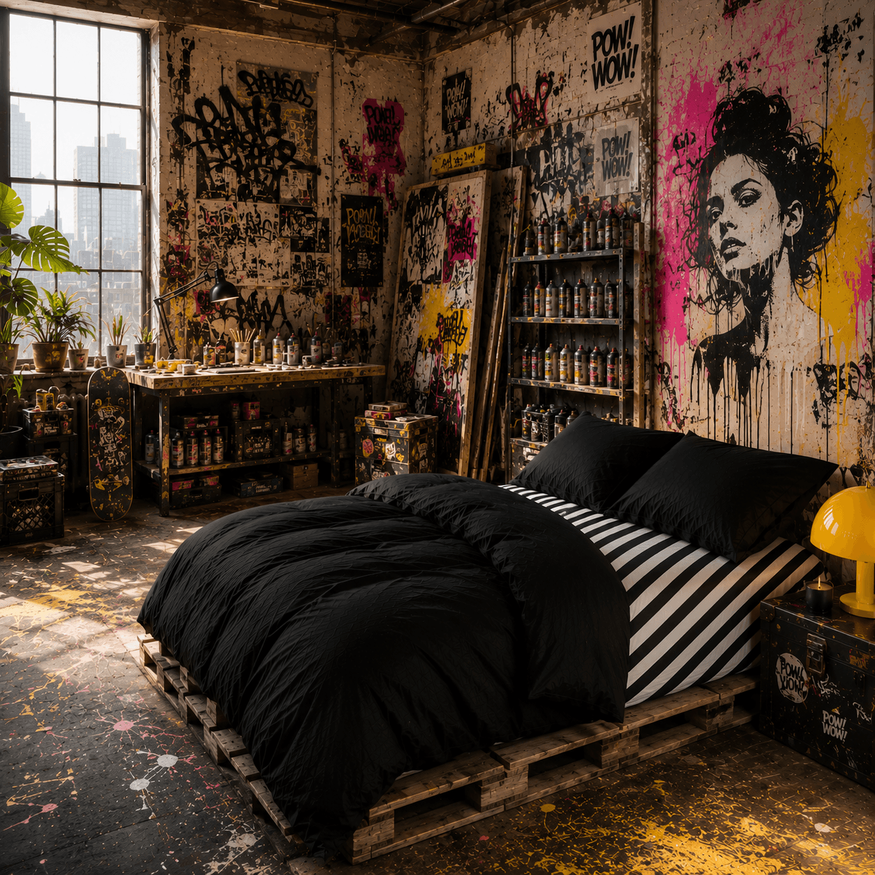 Room with graffiti art on walls, bed with black and white striped bedding, and shelves with bottles.