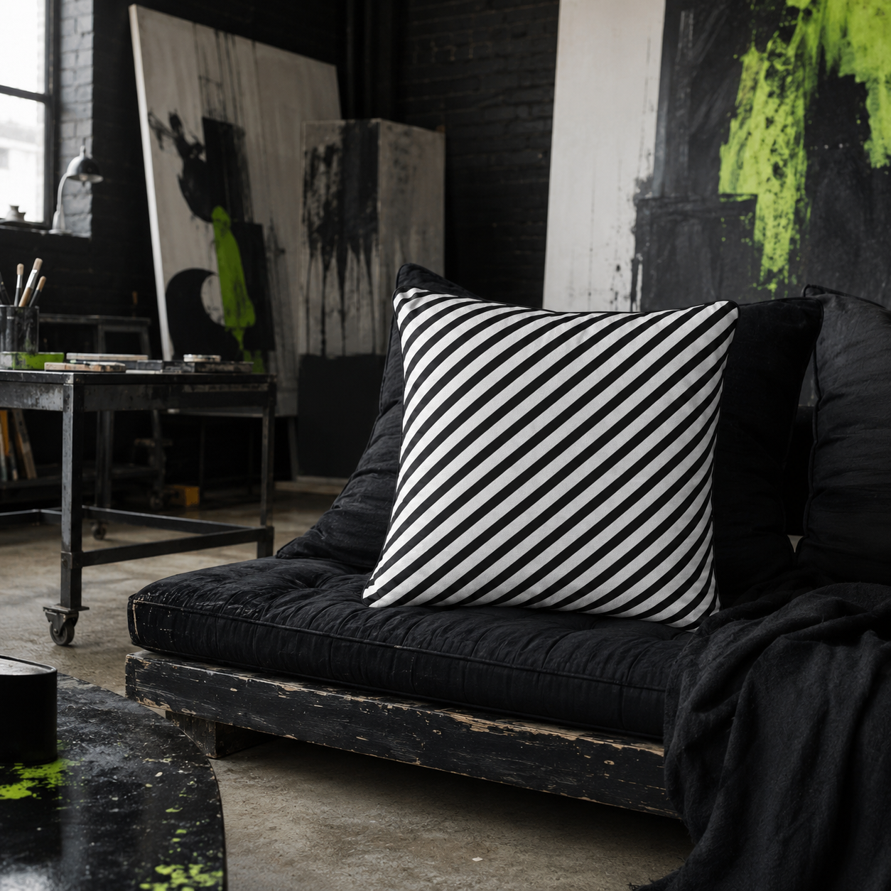 Decorative pillow with a colorful rooster design on a dark sofa in a stylish living room.