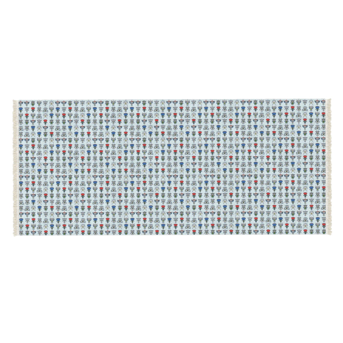 A square woven textile with fringe on the left and right edges, featuring a repeating pattern of stylized flowers in red, blue, green, and yellow on a pale blue-gray background.