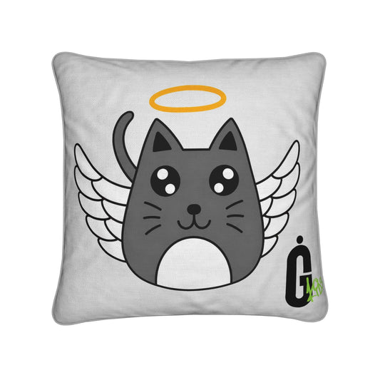 Introducing the Contrado Cushions: Handmade to order, this designer cushion cover features a whimsical cartoon gray cat with wings and a yellow halo, set against a white background adorned with bold black “G” and green “420” text in the corner. Crafted from heavyweight textile, this playful yet stylish piece from Contrado adds a unique accent to any space.