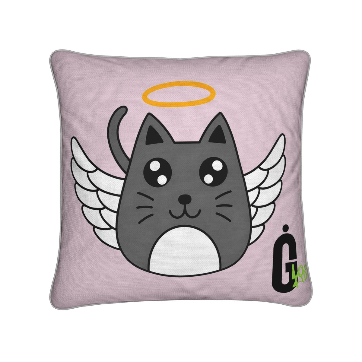 Introducing the “Copy of Cushions” designer cushion cover by Contrado—a stylish decorative pillow showcasing an adorable cartoon gray cat with angel wings, a yellow halo, and big expressive eyes against a light purple background. This heavyweight textile cushion features the letter G and green text in the bottom right corner, perfect for adding a whimsical touch to your home decor.