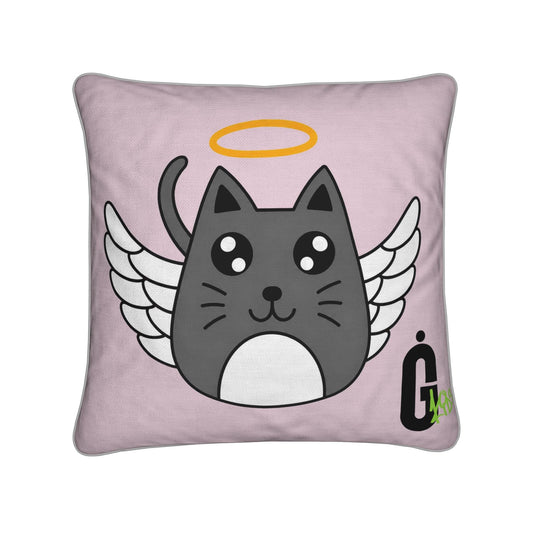 Introducing the “Copy of Cushions” designer cushion cover by Contrado—a stylish decorative pillow showcasing an adorable cartoon gray cat with angel wings, a yellow halo, and big expressive eyes against a light purple background. This heavyweight textile cushion features the letter G and green text in the bottom right corner, perfect for adding a whimsical touch to your home decor.