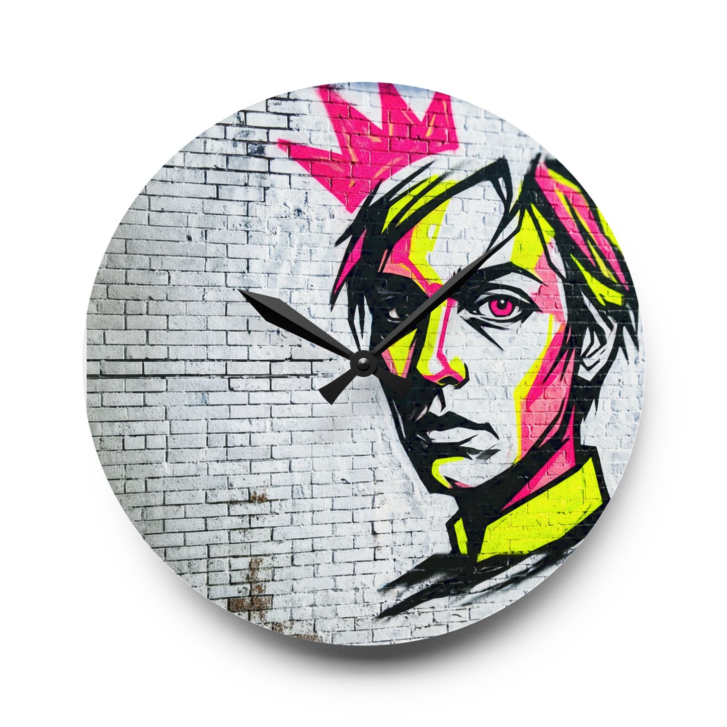 Acrylic Wall Clock — Neon Street Art Portrait Clock with Pink Crown