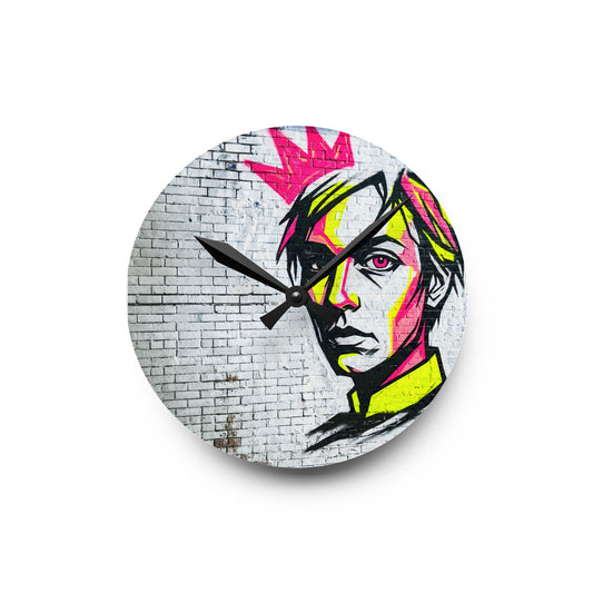 Acrylic Wall Clock — Neon Street Art Portrait Clock with Pink Crown