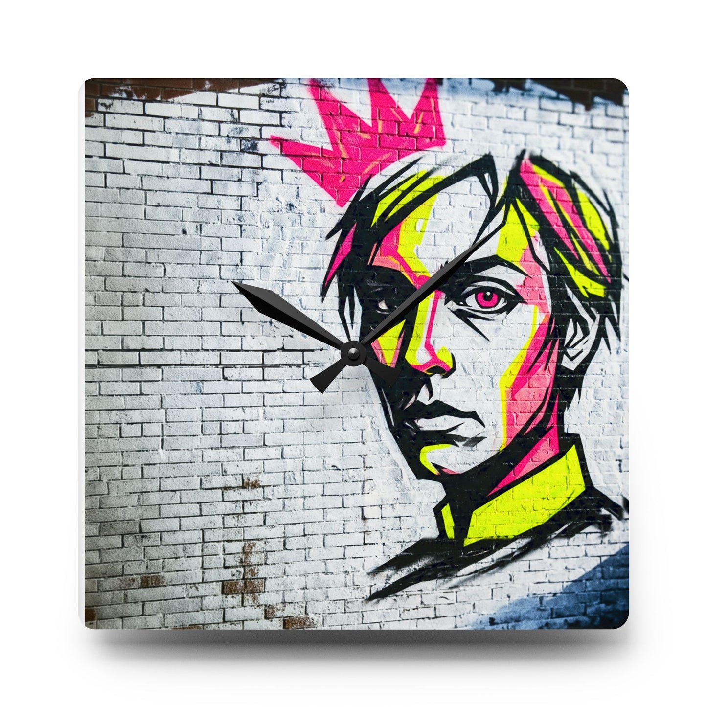 Acrylic Wall Clock — Neon Street Art Portrait Clock with Pink Crown