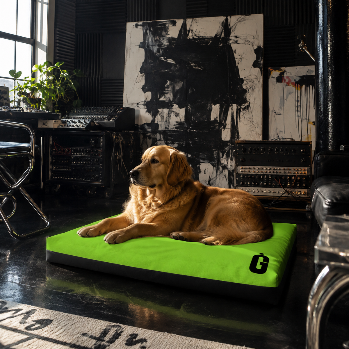 A golden retriever dog lies on a bright lime green rectangular pet bed with black trim in a dark, stylishly decorated studio room with audio equipment and abstract paintings in the background.