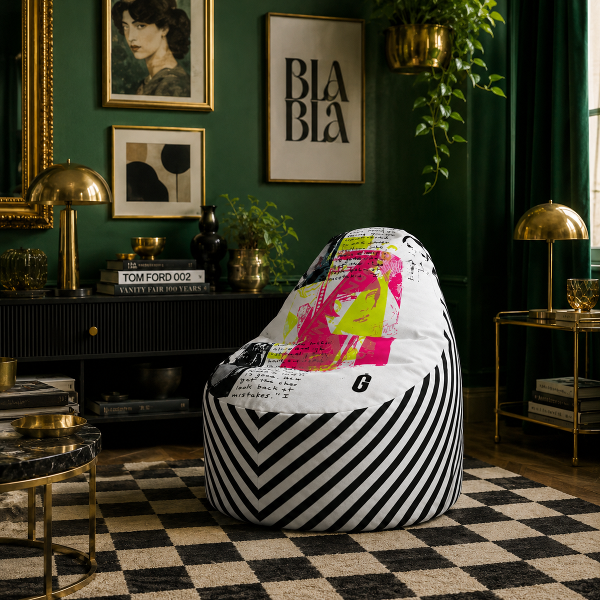 A bean bag chair with a bold black and white striped pattern and a central graphic print featuring pink, yellow, and white, styled in a luxurious dark green living room.