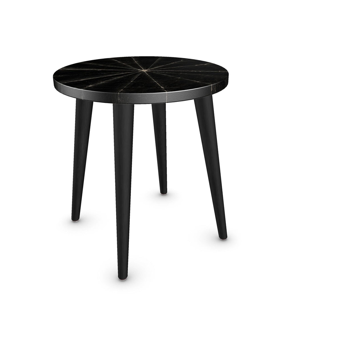 Round side table with leopard print top and black legs on a white background
