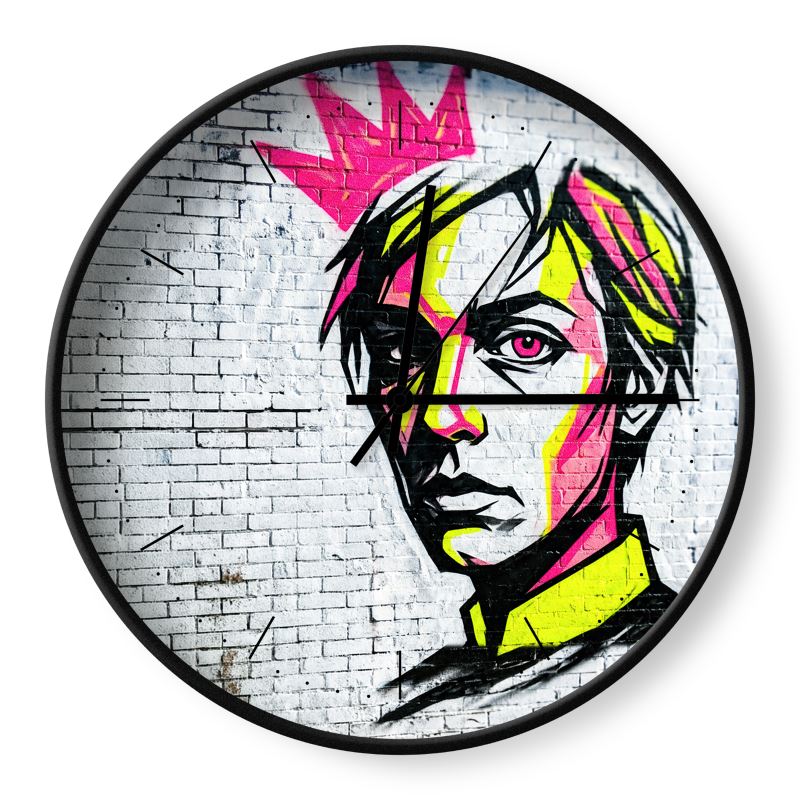 Wall Clocks — Neon Street Art Portrait Clock with Pink Crown