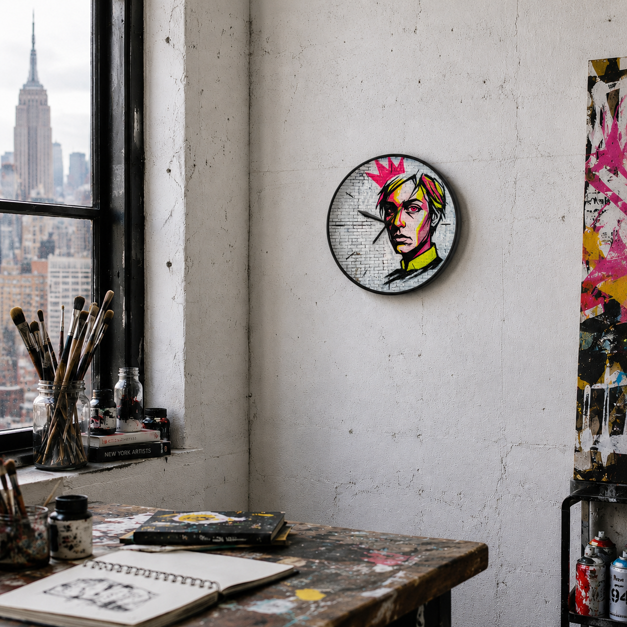 Wall Clocks — Neon Street Art Portrait Clock with Pink Crown