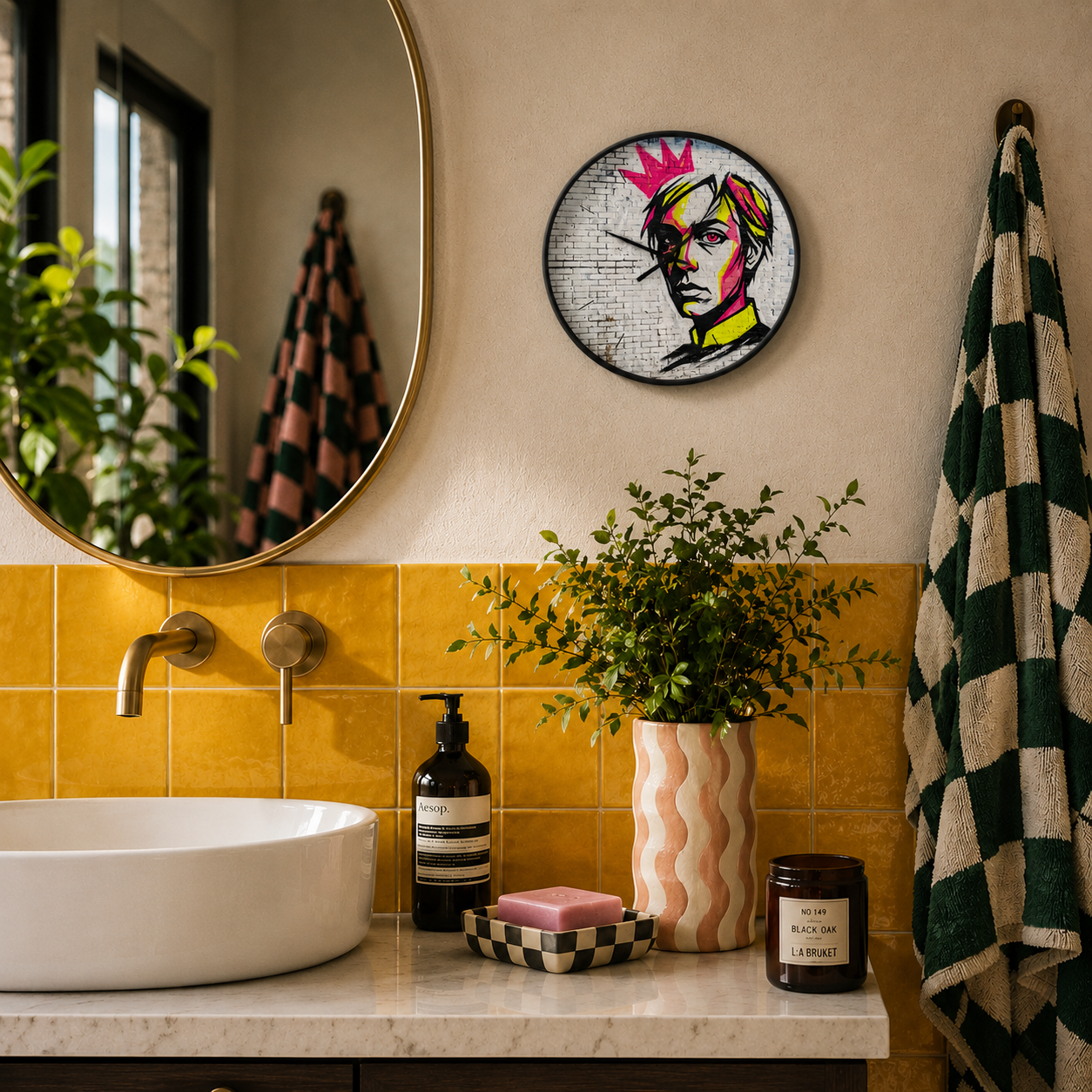 Wall Clocks — Neon Street Art Portrait Clock with Pink Crown