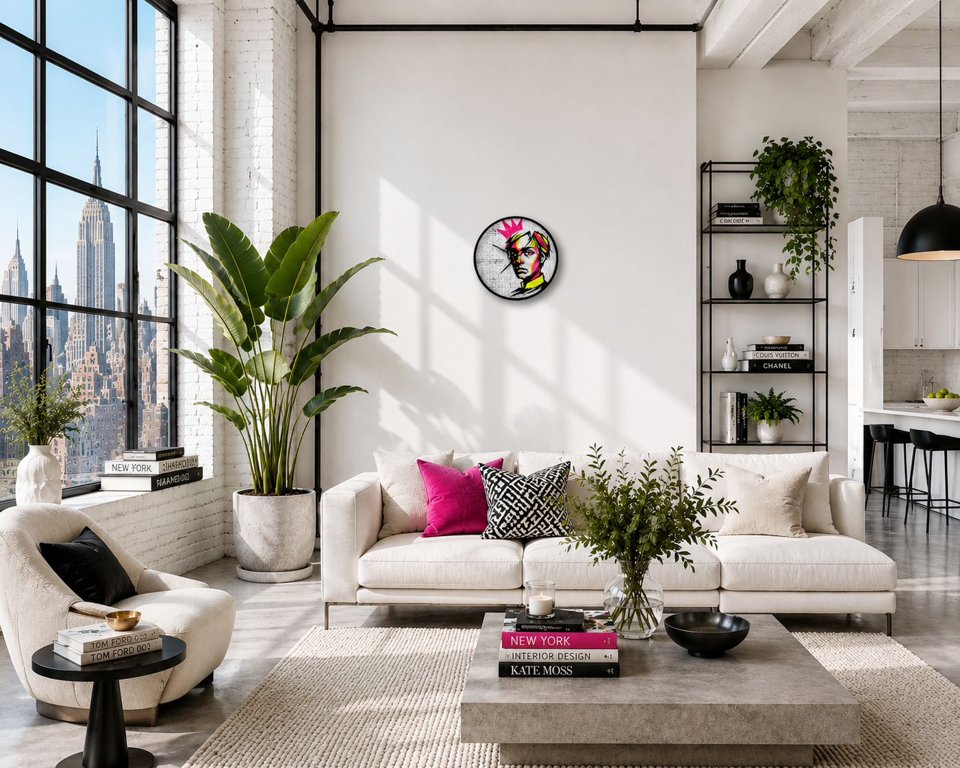 Wall Clocks — Neon Street Art Portrait Clock with Pink Crown