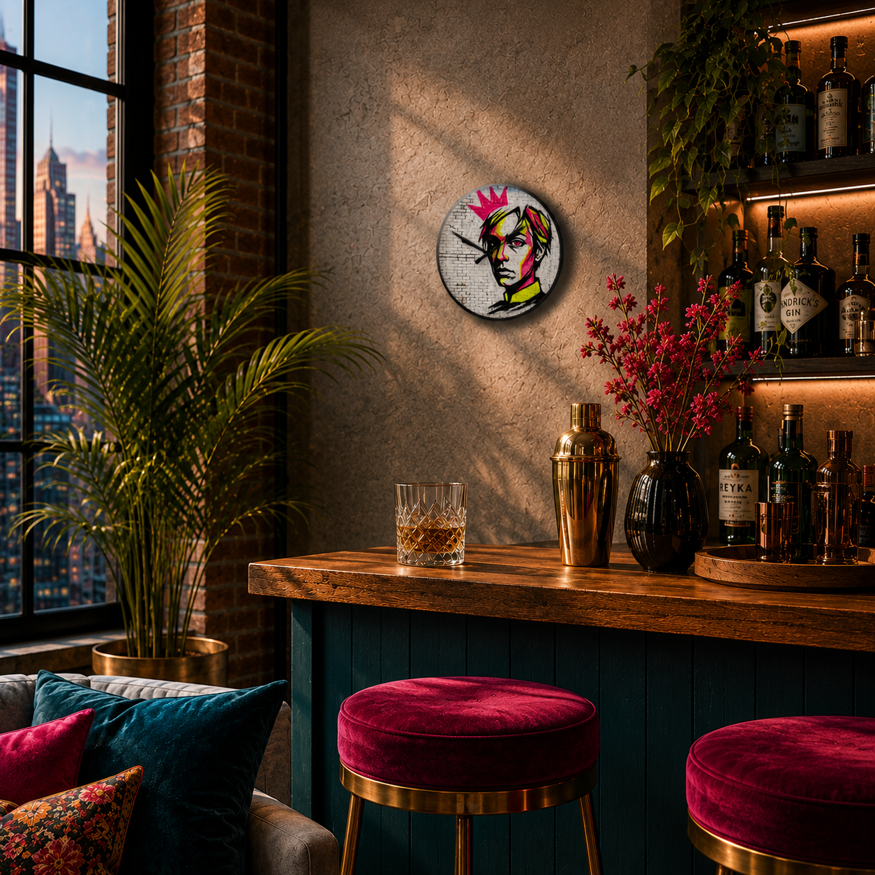 Wall Clocks — Neon Street Art Portrait Clock with Pink Crown