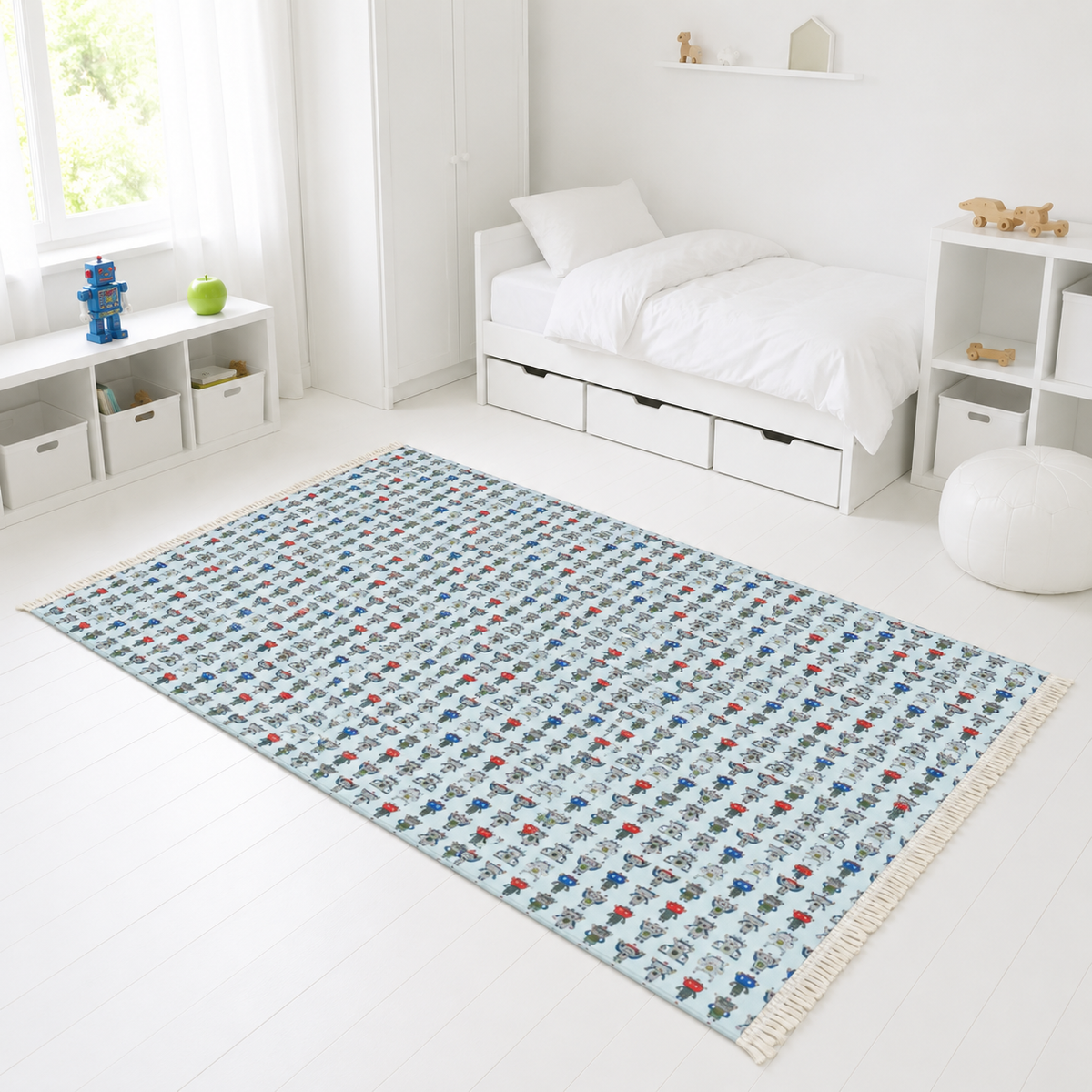 A rectangular area rug with a light blue background and a repeating pattern of small red, blue, and gray cartoon characters, styled in a bright, modern children's bedroom.