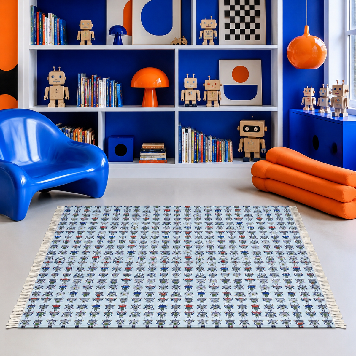A rectangular area rug with a white base and a repeating pattern of small blue, red, and black robot figures, styled in a colorful children's room with a blue chair, bookshelves, and orange accents.