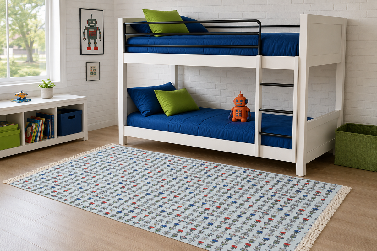 A white wooden bunk bed with blue bedding and green pillows in a bright children's bedroom, with a patterned blue, red, and white rug on the floor.