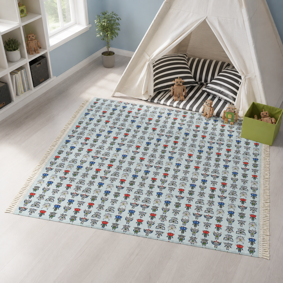 A rectangular area rug with fringe edges lies on a light wood floor in a child's playroom. The rug has a pale blue background covered in a repeating pattern of cartoon animals in red, blue, green, and gray.