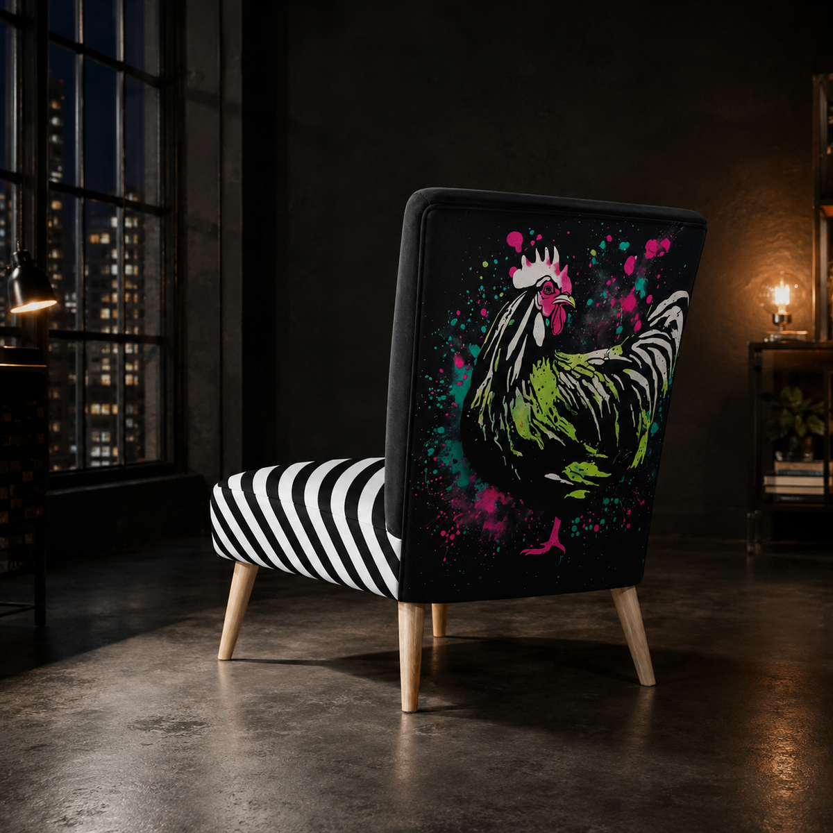 A modern accent chair in a dark loft-style room, featuring a black and white zebra-striped seat cushion and a tall backrest printed with a colorful rooster design on a black background.