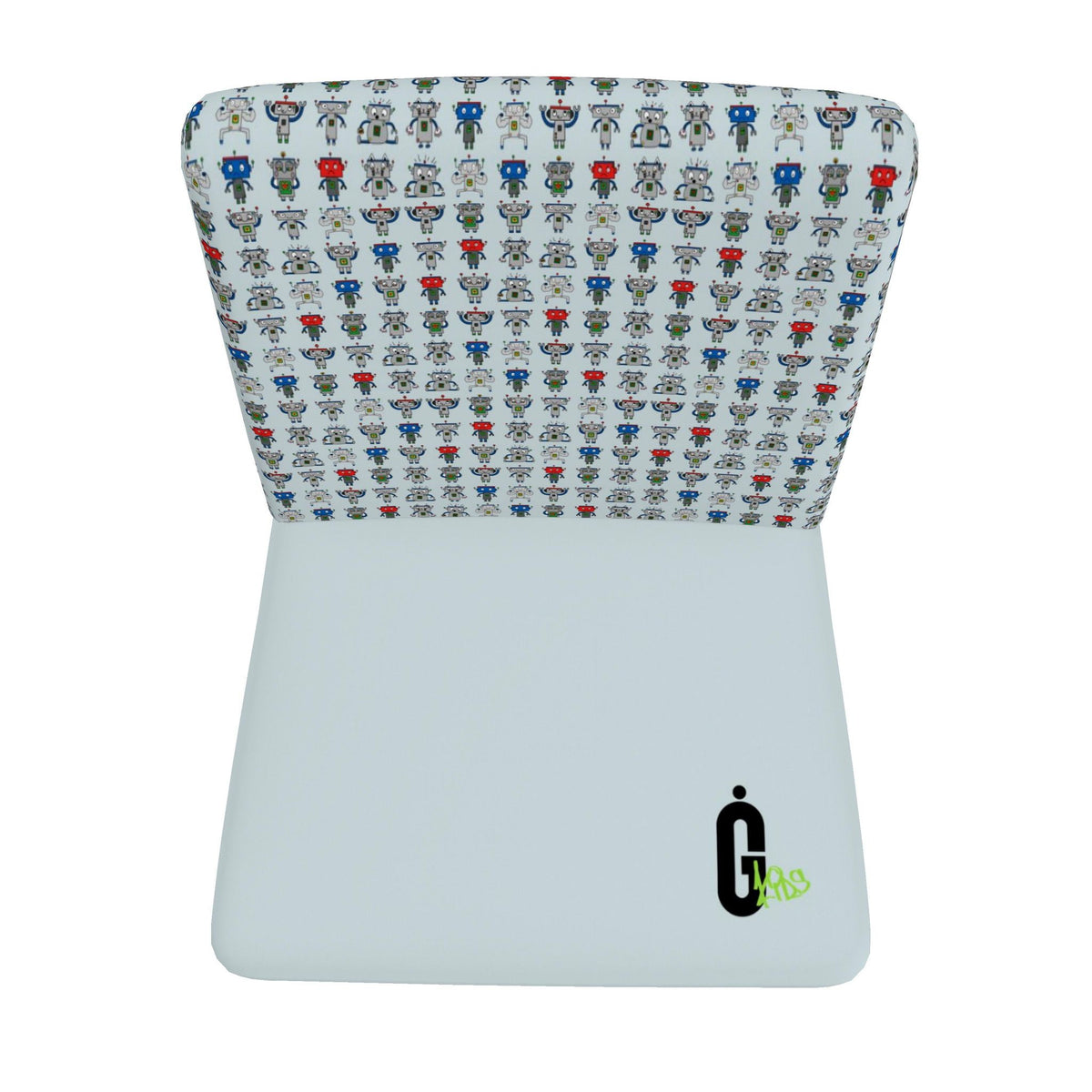 A modern lounge chair with a light gray seat and a backrest upholstered in a dense, colorful cartoon character pattern on a white background.