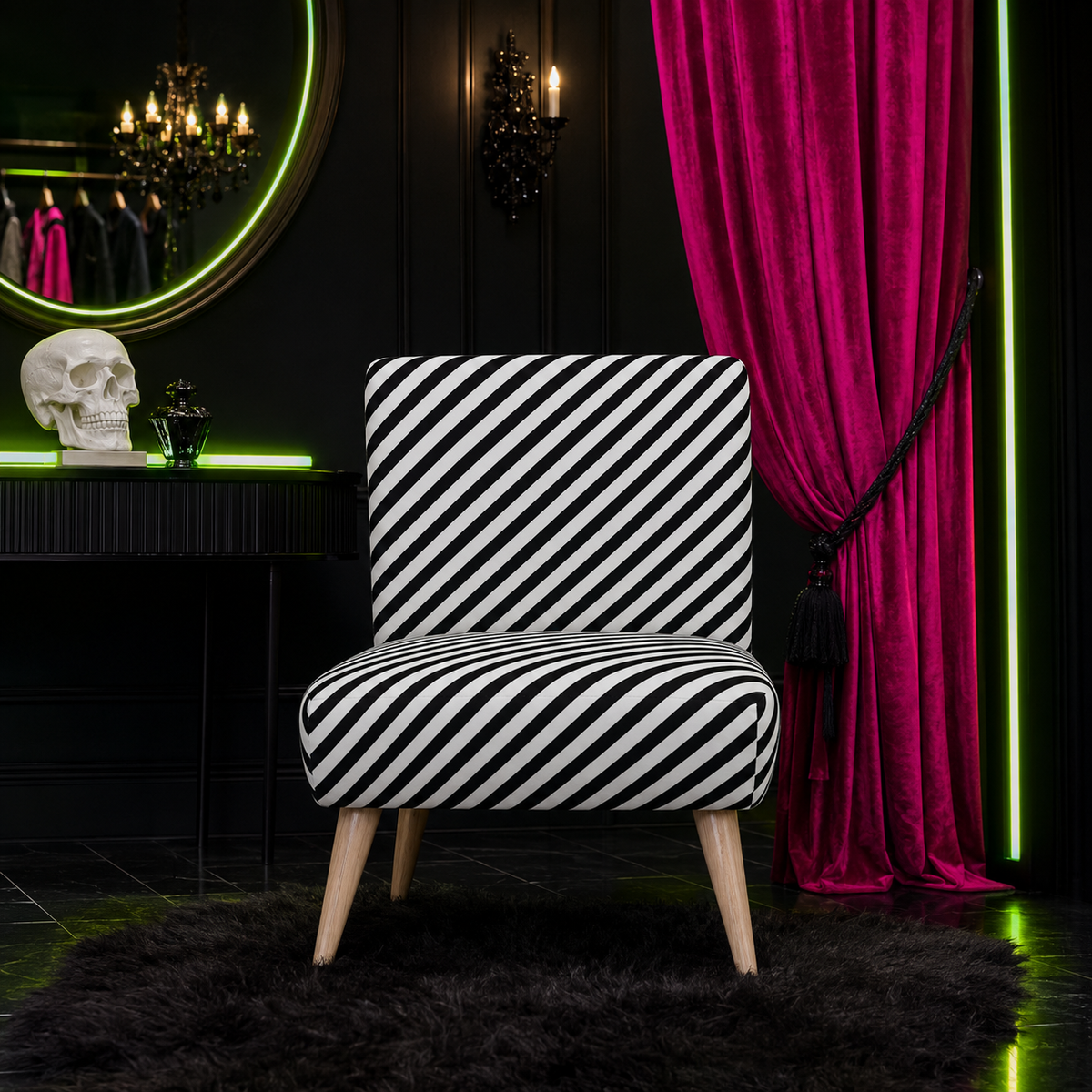 A mid-century modern accent chair with a bold black and white diagonal striped fabric upholstery and light wood legs, set in a dark, gothic-themed room with a magenta curtain, neon green lights, and a black shag rug.