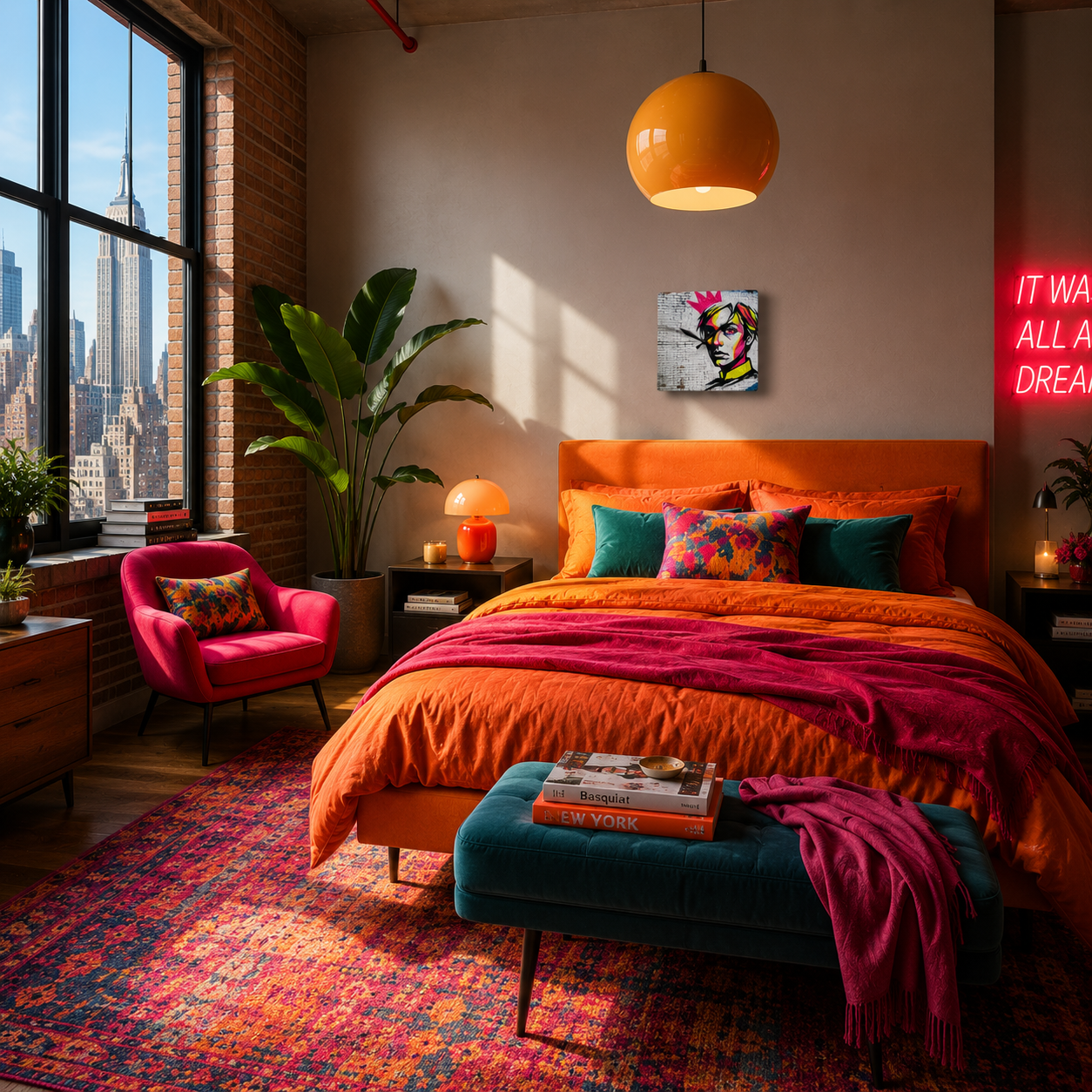 Acrylic Wall Clock — Neon Street Art Portrait Clock with Pink Crown
