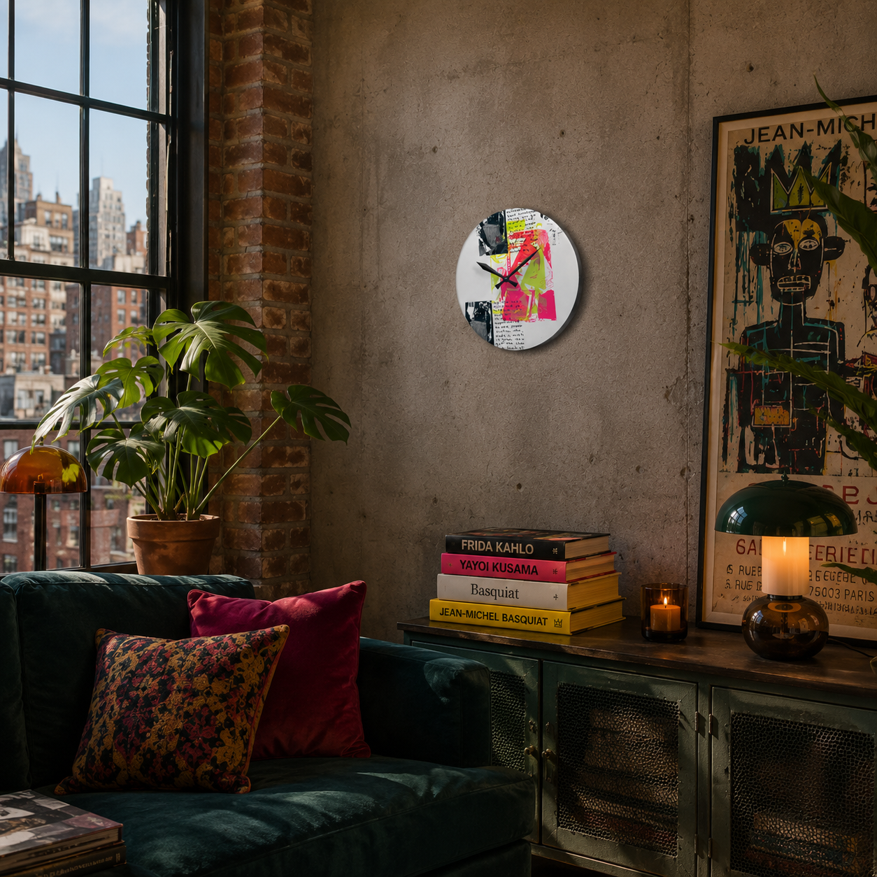Pop Art Portrait Acrylic Wall Clock — Retro Neon Collage Timepiece