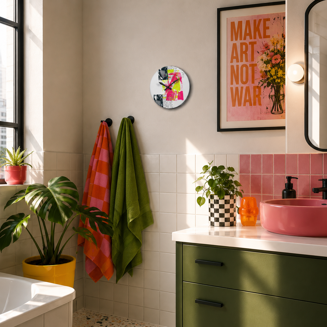 Pop Art Portrait Acrylic Wall Clock — Retro Neon Collage Timepiece