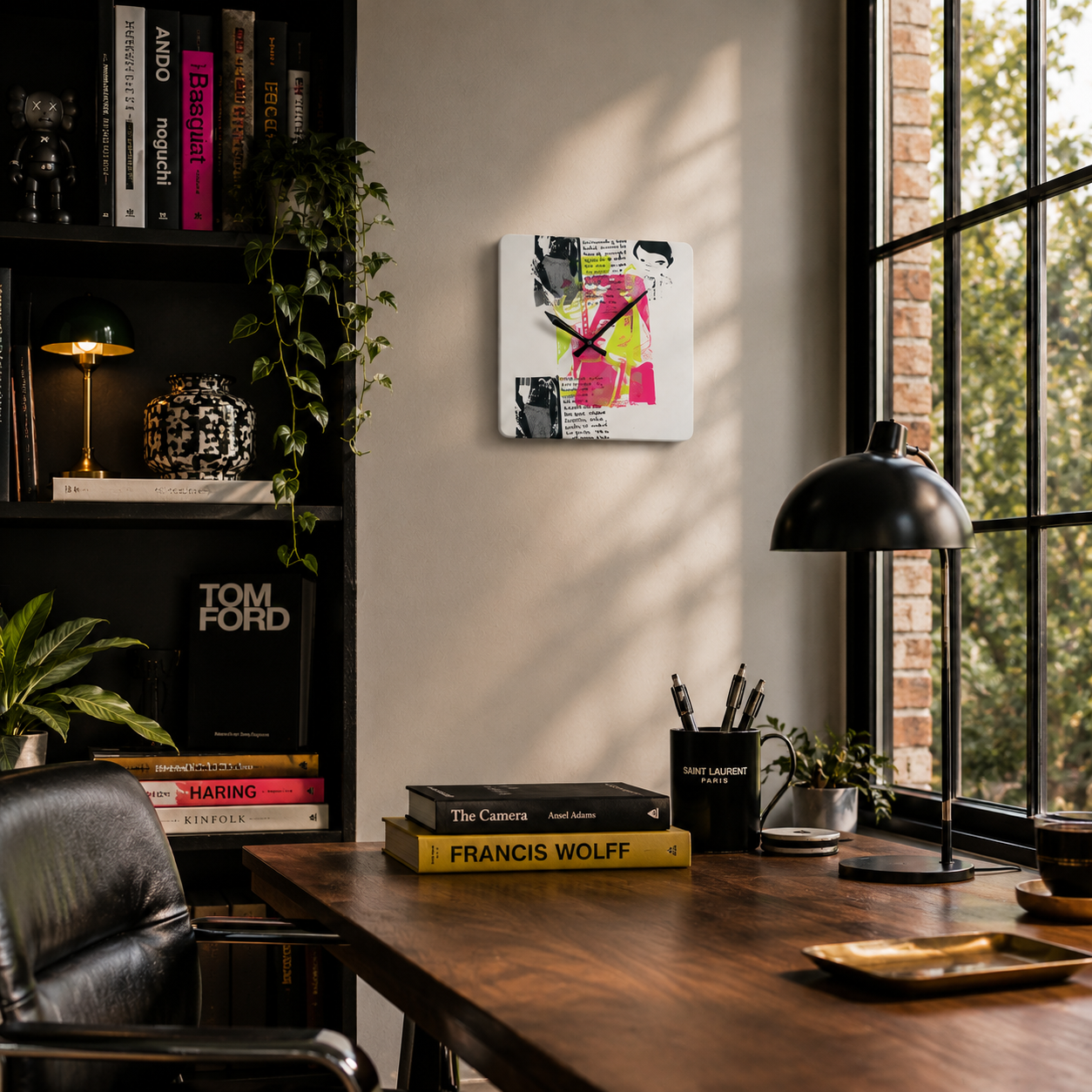 Pop Art Portrait Acrylic Wall Clock — Retro Neon Collage Timepiece