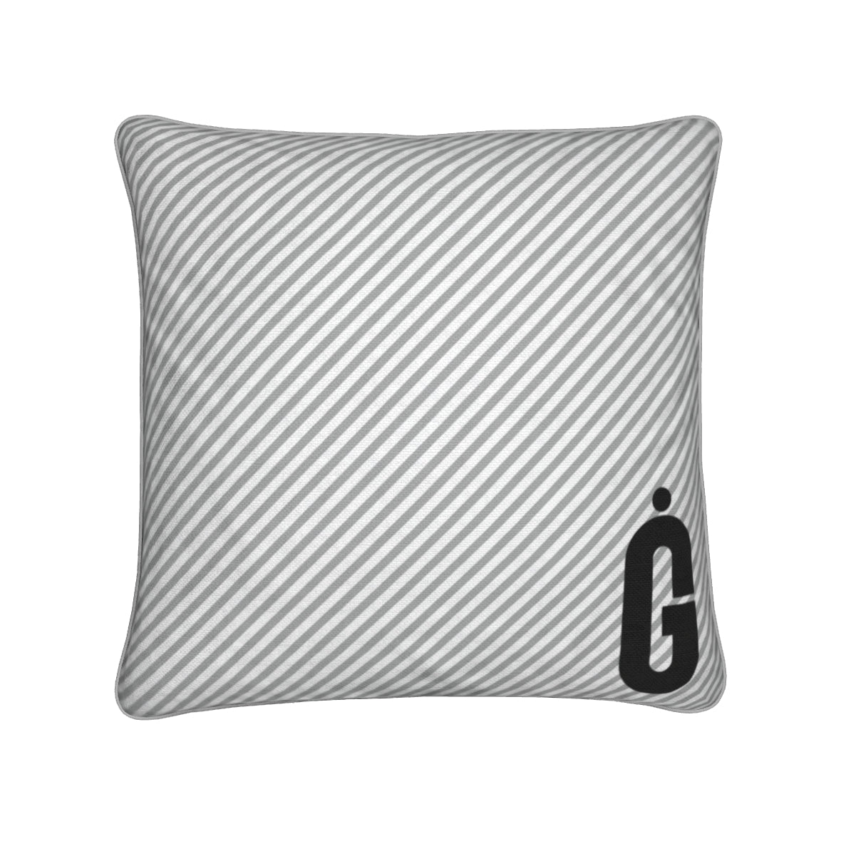 A square throw pillow featuring a diagonal gray and white stripe pattern with a black stylized letter 'G' printed in the bottom right corner, set against a plain white background.