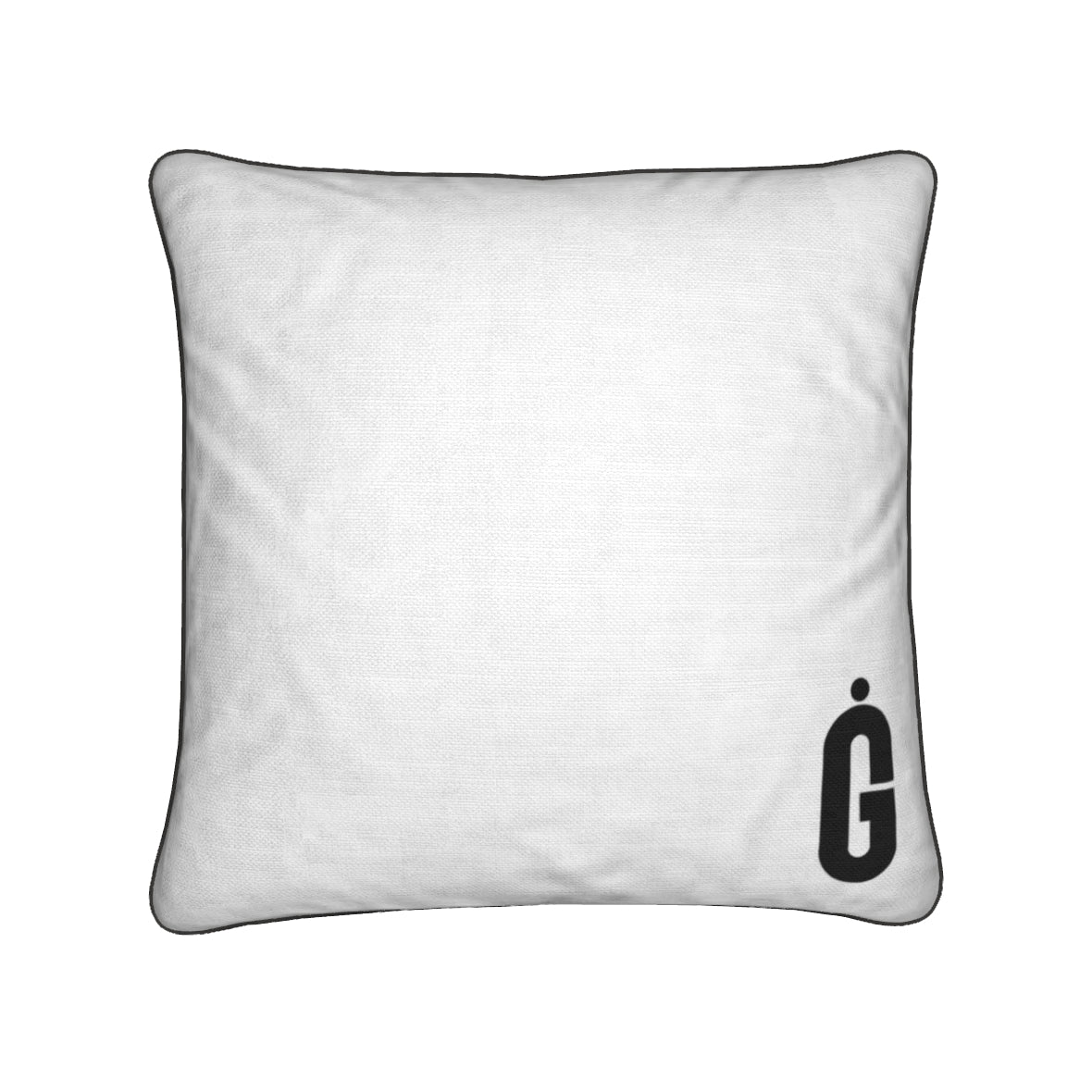 A square white throw pillow with a black piped edge and a black stylized letter 'G' logo printed in the bottom right corner, shown on a plain white background.