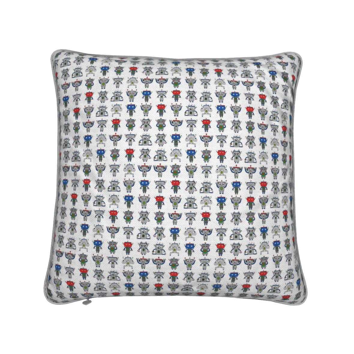 A square throw pillow featuring a dense, repeating pattern of small cartoon characters in blue, red, green, and gray on a white background.