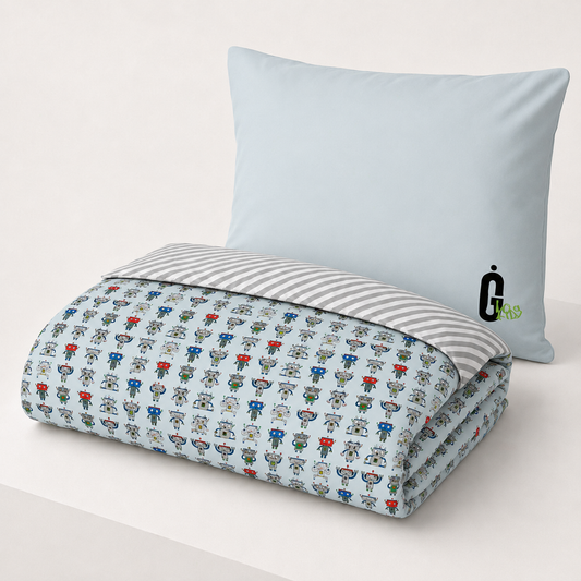 Robot Parade Blue Reversible Kids Duvet Cover Set | Ivy Gun Kids