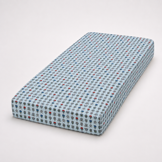Robot Parade Blue Twin Fitted Sheet | Ivy Gun Kids