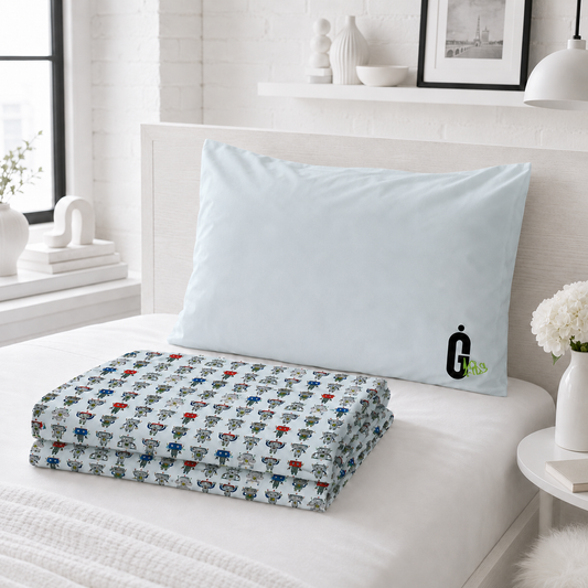 Robot Parade Blue Kids Flat Sheet & Pillowcase (Blue) | Ivy Gun Kids
