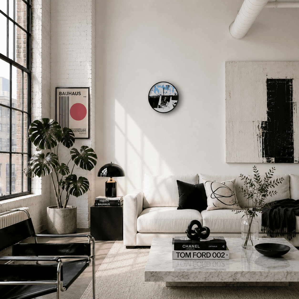 Modern living room with white sofa, coffee table, and decorative items.