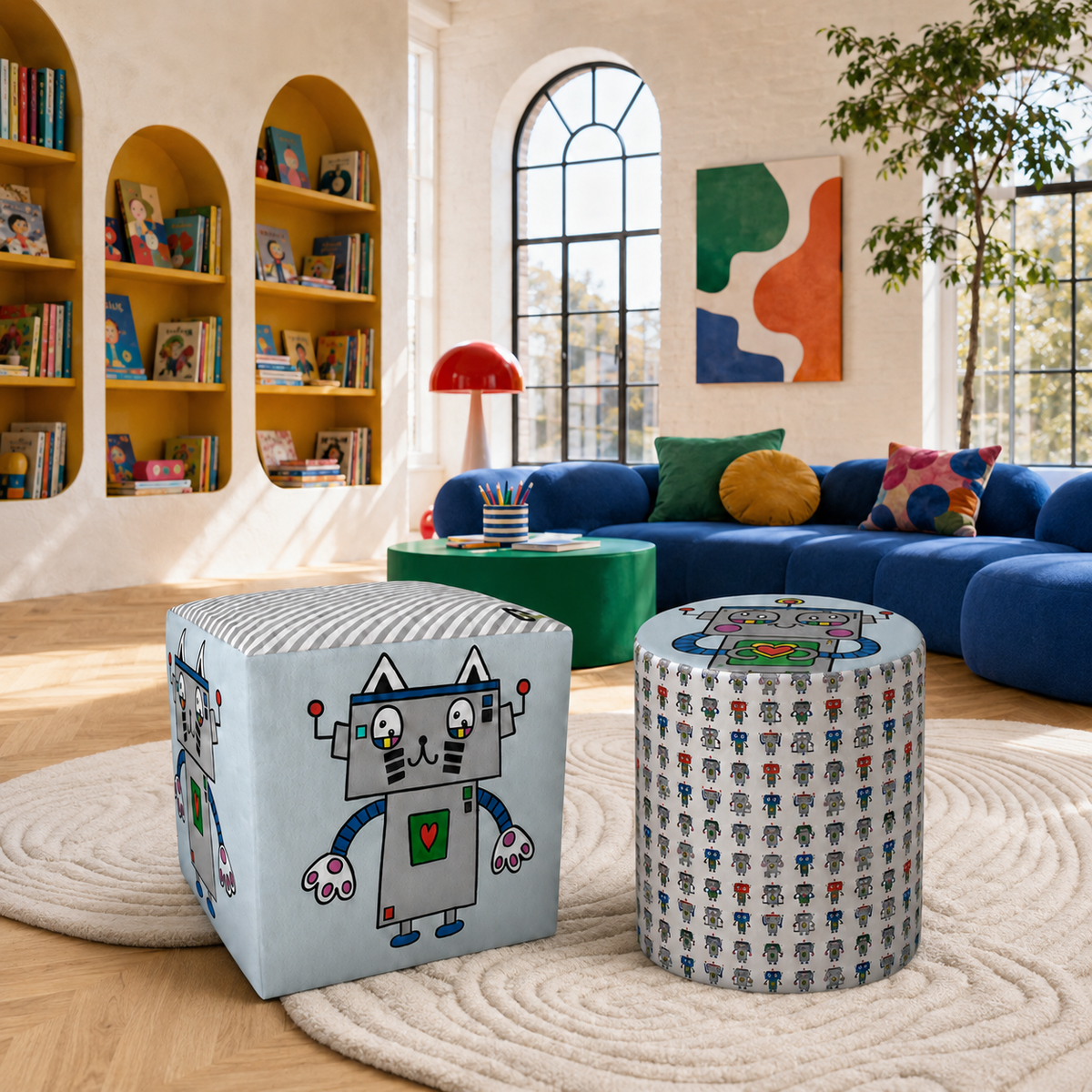 Two children's cube and cylindrical ottomans with colorful robot illustrations, displayed in a bright, modern children's room with a blue sectional sofa and bookshelves.
