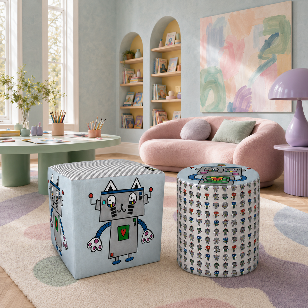 A children's playroom scene featuring two decorative ottomans in the foreground. One ottoman is cube-shaped with a light blue fabric and a cartoon robot pattern, and the other is cylindrical with a white fabric covered in small robot illustrations.