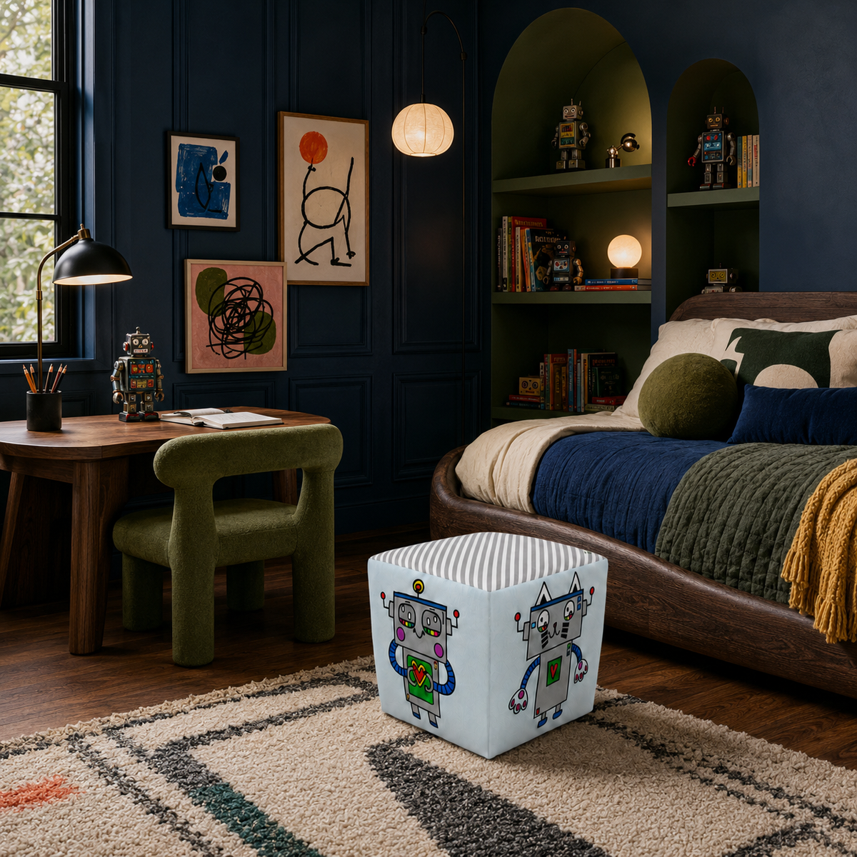 A white cube storage bin with a colorful robot illustration sits on a patterned area rug in a styled children's bedroom. The room features dark navy paneled walls, a green velvet chair, a wooden desk, and a bed with blue and green bedding.