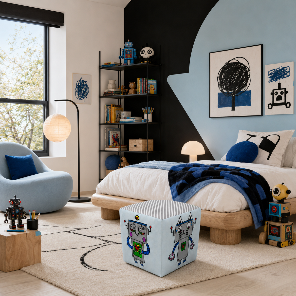 A styled children's bedroom featuring a light blue cube ottoman with a cartoon robot printed on the front, placed in front of a bed. The room has a bold black and light blue color-blocked wall design, a light blue armchair, a black shelving unit, and various toys and wall art.