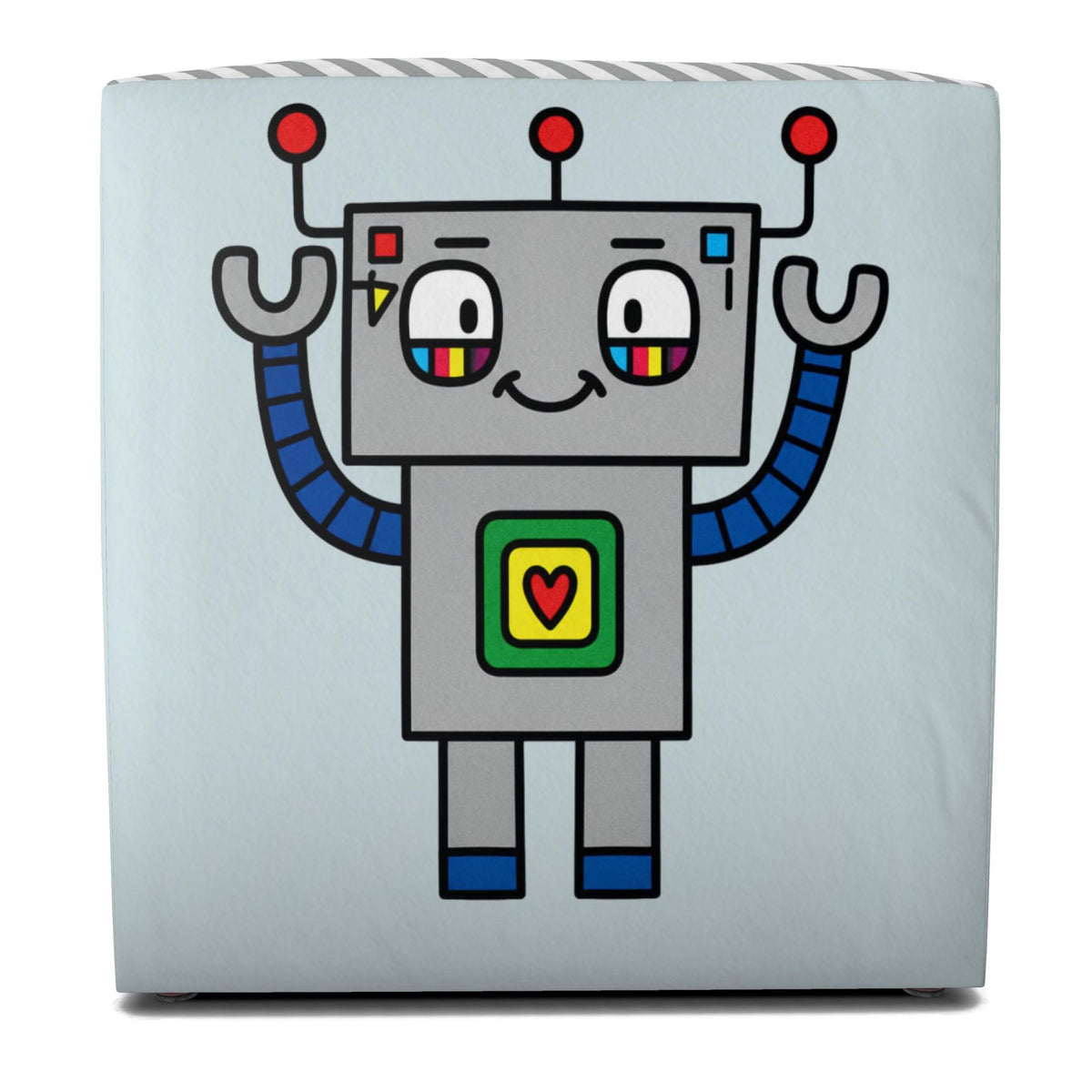 A square ottoman or floor cushion with a light blue-gray fabric cover, featuring a cartoon robot graphic on the front. The robot has a gray body, blue arms and legs, red antennas and heart, and colorful details.