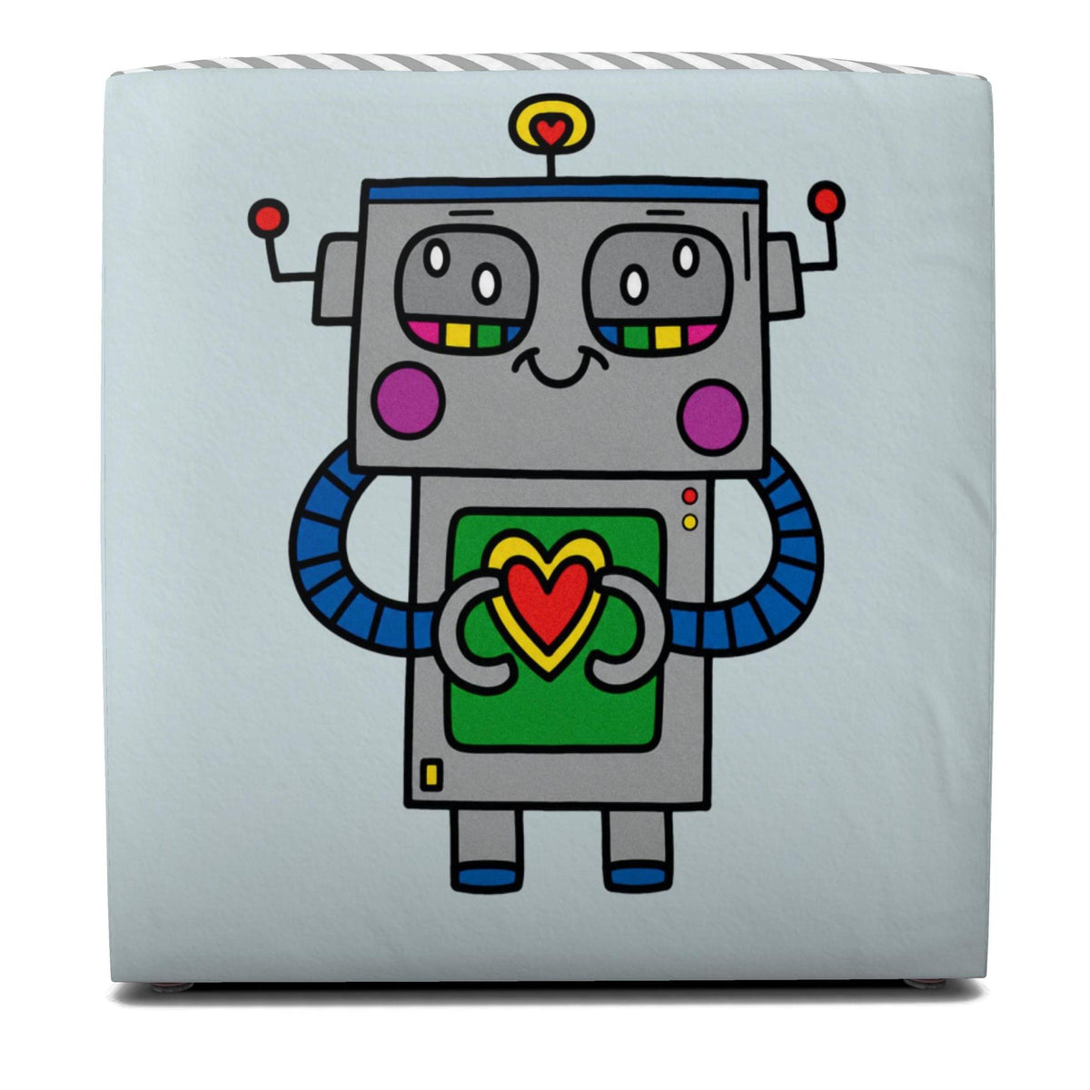 A square light blue ottoman or pouf featuring a colorful cartoon robot graphic on the front, set against a plain white background.
