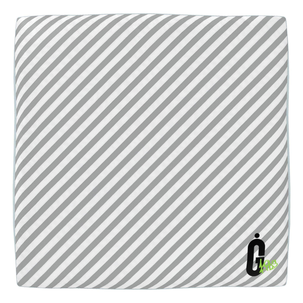 A square white cushion or pad featuring a diagonal gray stripe pattern and a small black and green logo in the bottom right corner, shown against a plain white background.