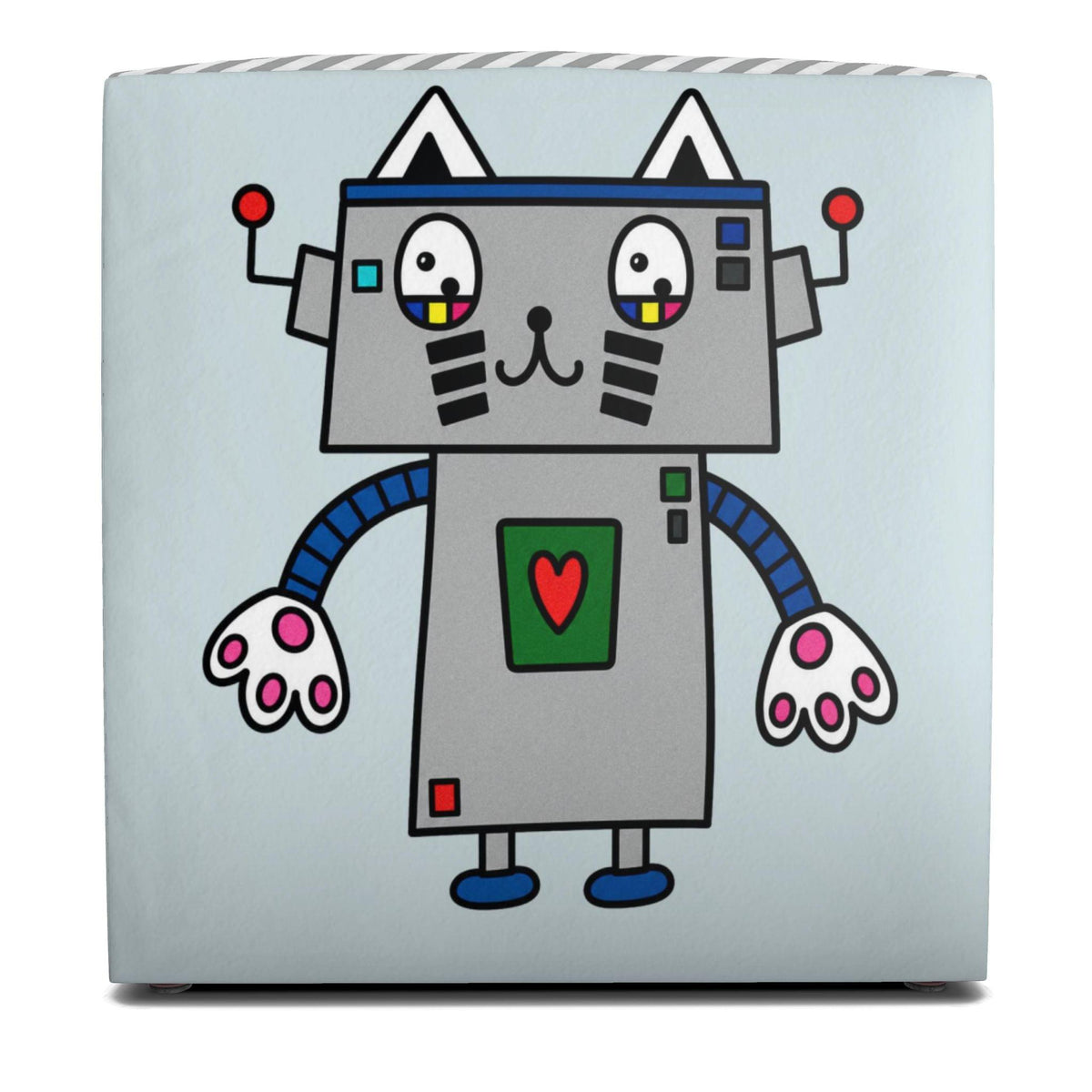 A square ottoman or pouf in a very light icy blue color, featuring a cartoon robot cat design printed on the front. The robot has a gray body, blue arms and legs, white paws with pink accents, and a red heart on its chest.