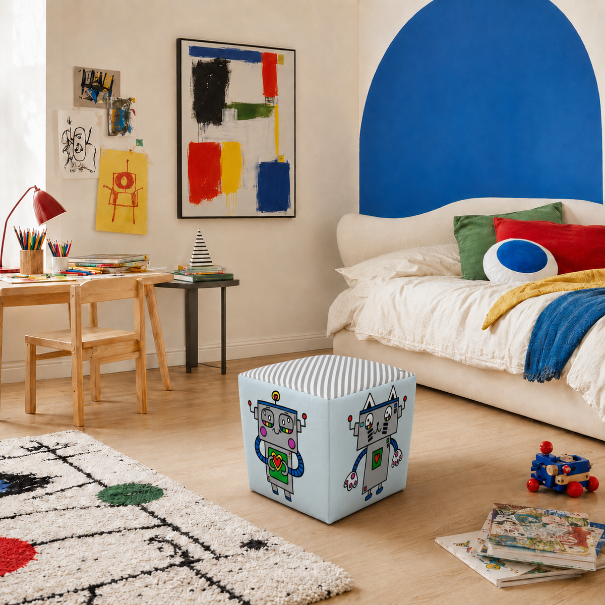 A children's bedroom scene with a light blue cube ottoman featuring a cartoon robot print in the center. The room is styled with a white bed, colorful pillows, a blue arched accent wall, a wooden desk, and abstract wall art.