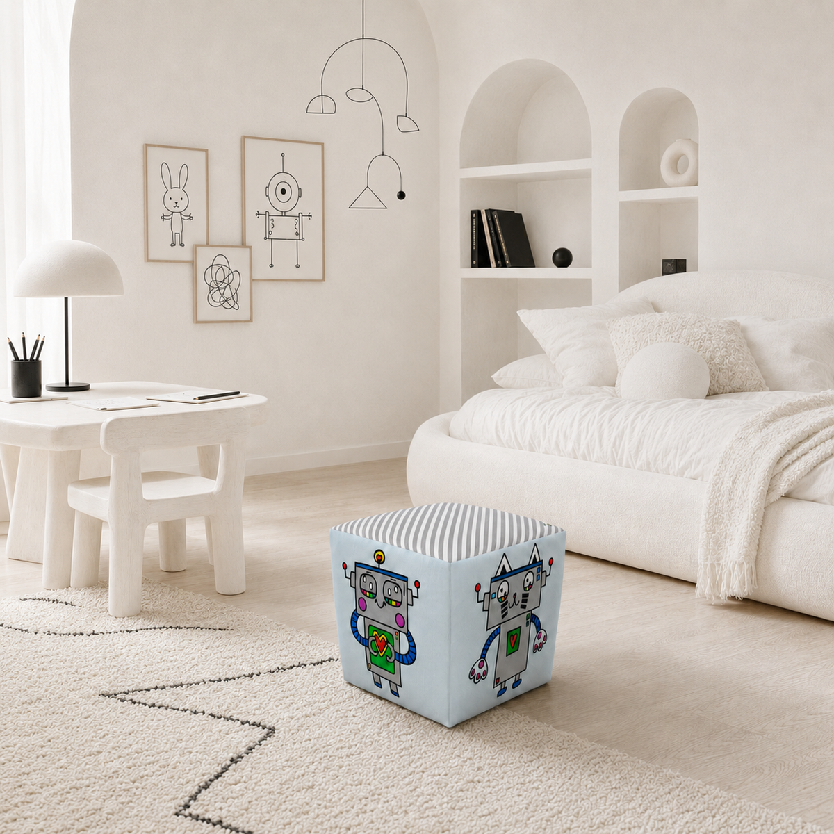 A light blue cube ottoman with a colorful cartoon robot design on the front, placed in a bright, modern children's bedroom next to a white desk and bed.
