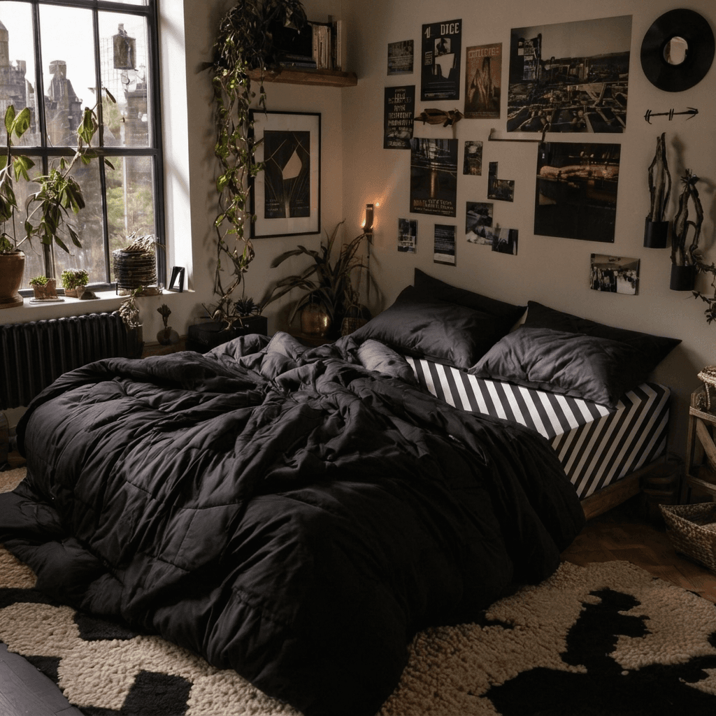 Cozy bedroom with dark bedding, plants, and wall art.